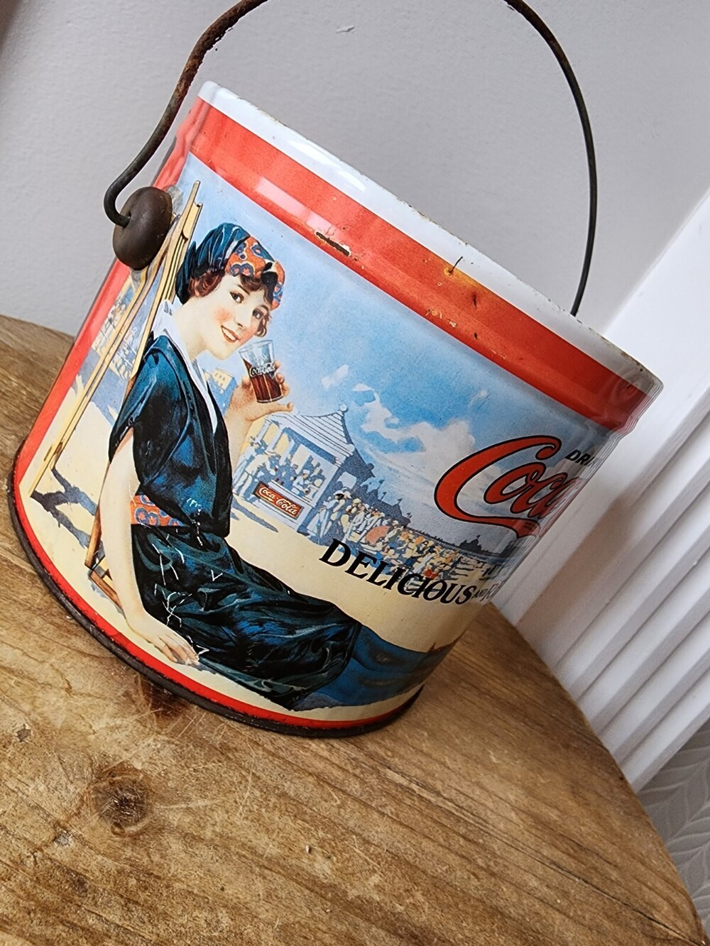 Vintage Coca Cola Old Fashioned Ladies at Beach Lidded Wire Handle Round Tin Can